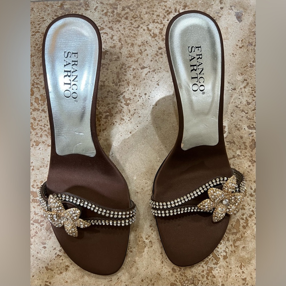 Franco Sarto Renew Women’s Embellished Satin Heels Sandals Brown, Size 7.5 New